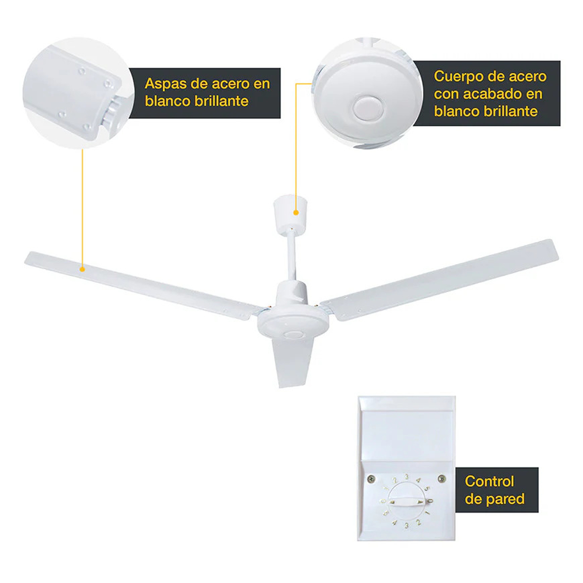 VENTILADOR DE TECHO INDUSTRIAL 56 PULGADAS, CONTROL DE PARED, BLANCO. - Imagen 3